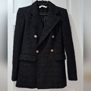 NWT Elegant Black Tweed Double-Breasted Blazer With Gold-Toned Buttons Size M